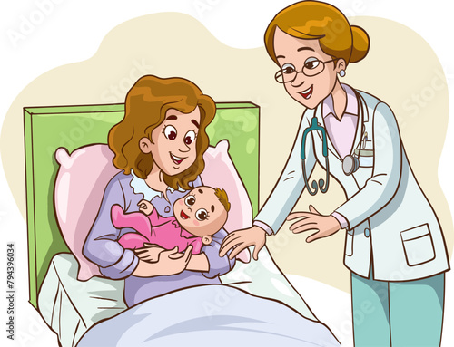 Doctor examining a newborn mother and her baby.Vector illustration of newly born mother and father visiting her baby