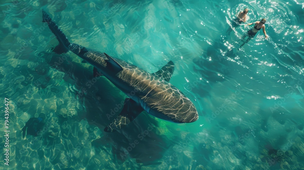 Fototapeta premium Top view, people swimming in the sea next to an enormous shark.