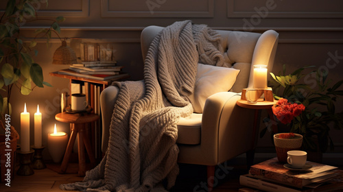A cozy reading nook tucked away in a corner, with a comfortable armchair and a soft, knitted throw. photo