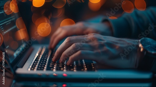 A focused person typing on a laptop keyboard, hands in motion, with a blurred background