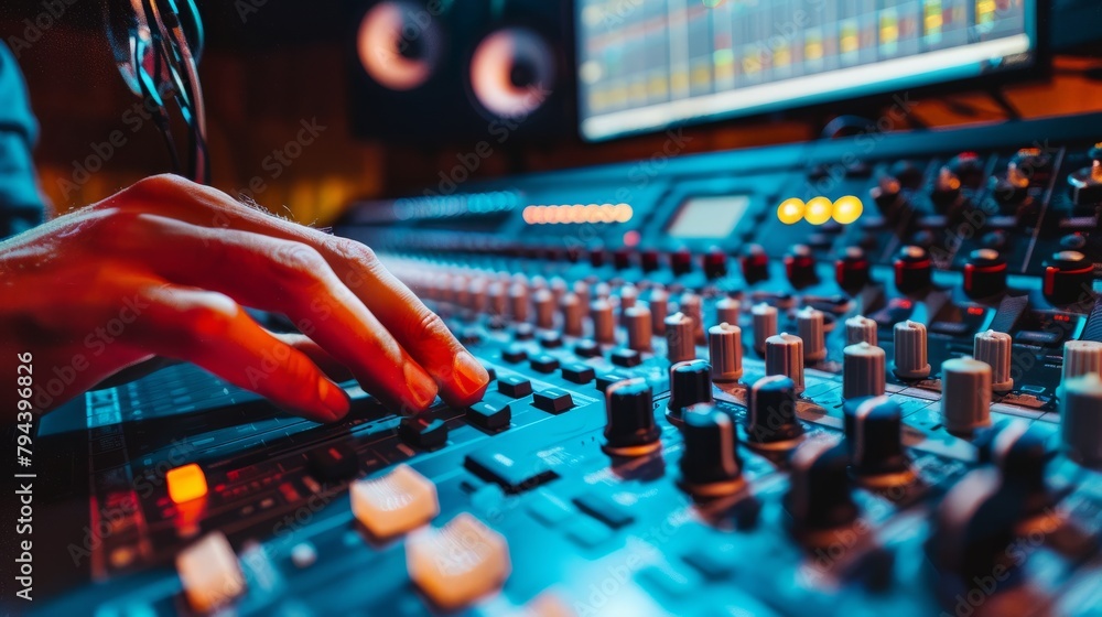 A person adjusts audio levels on a soundboard in a recording studio using a screen and their hand