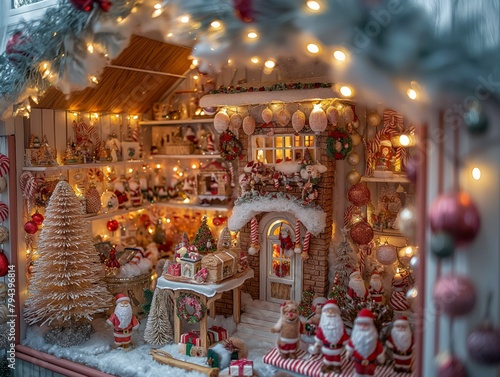 A small Christmas scene with a lot of decorations and a lot of santa claus. Scene is festive and joyful