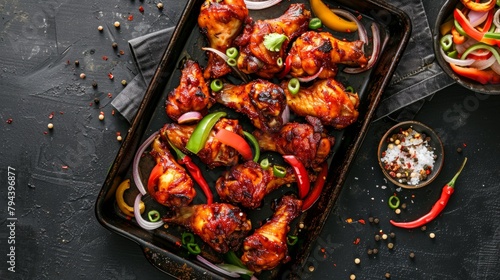 Tray filled with crispy chicken wings, peppers, and onions creating a flavorful and visually appealing dish