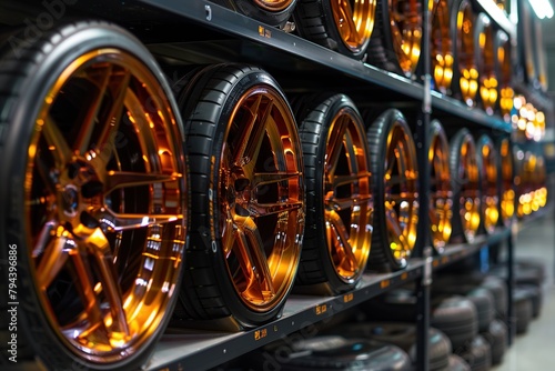 Row of new tires with gold rims, on the shelf of an auto tire shop, with an orange and black color scheme. © Doni_Art