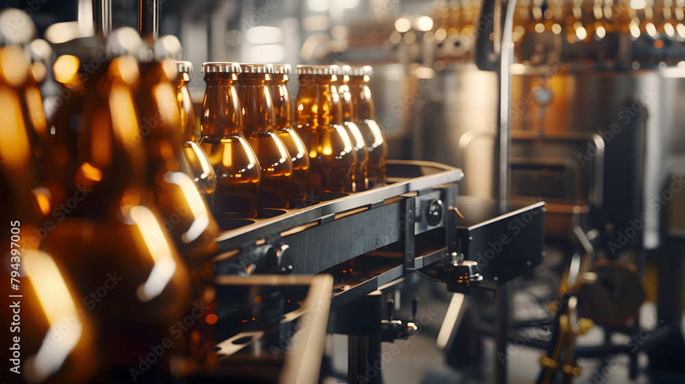 A conveyor belt is filled with bottles of beer. Concept of efficiency and organization, as the bottles are being produced