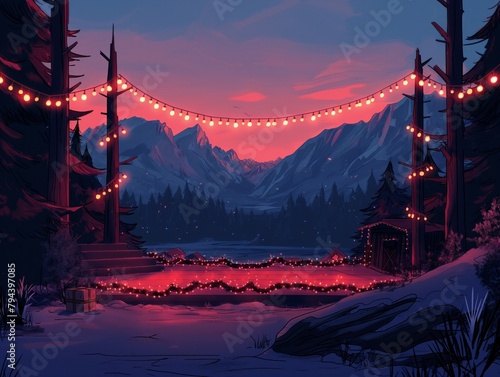A painting of a forest with a bridge and a lake. The bridge is lit up with Christmas lights