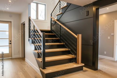 a black modern handrail, featuring flat profiles and a wooden oak handrail, adorning a contemporary staircase in a room with the entire stairs visible, showcasing modern design at its finest