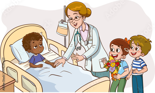 Pediatrician doctor woman doing medical examination of children. Modern flat style vector illustration cartoon clipart.