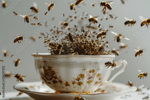A swarm of bees hovers around a mug with a drink, close-up