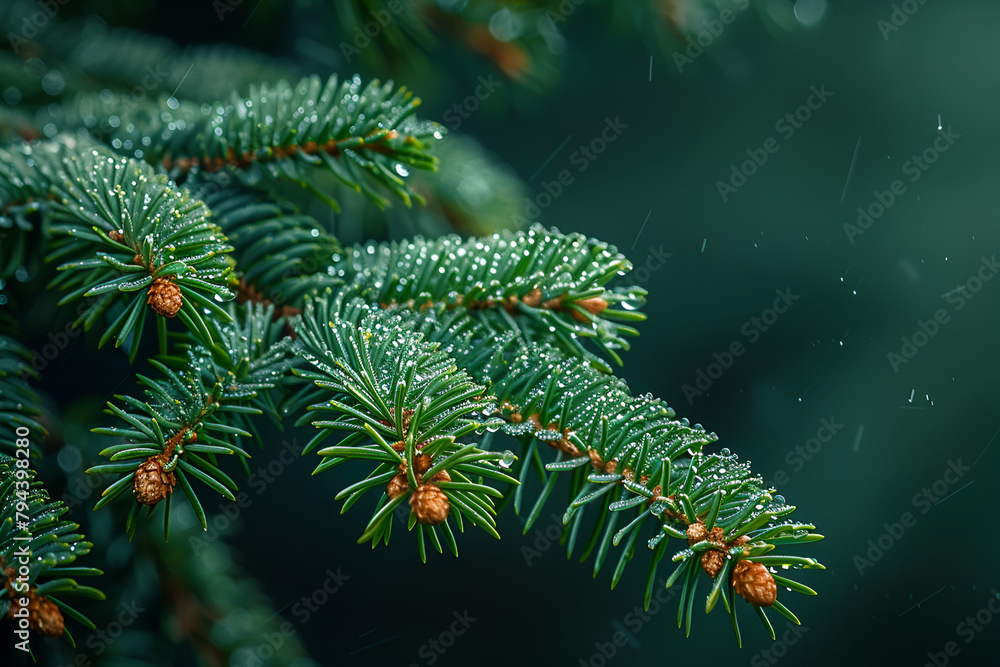 A Close-Up of a Pine Tree Branch,
Norwegian spruce Cones in the resin Young green spruce cones
