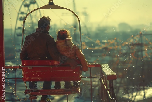 Skyriding couple enjoy picturesque views on ski lift at amusement park photo