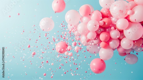 Multiple pink balloons floating in the air against a blue background in a gender reveal celebration