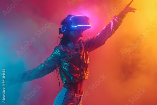 A Music artist in a virtual reality headset performing on stage in vibrant hues