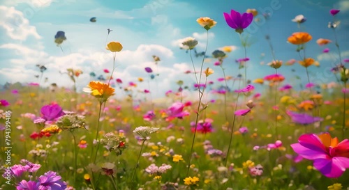 Slow-motion video of a field of wildflowers swaying in the wind, their vibrant colors and graceful movements captivating the viewer.
