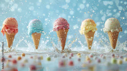 Colorful ice cream cones with different flavors and splashes of melting ice on a blue background, top view