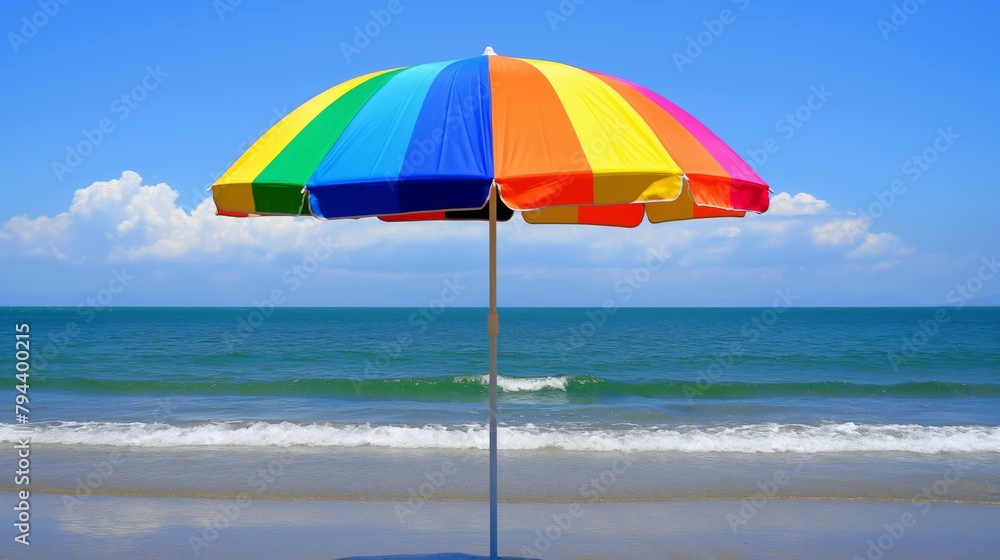 Colorful beach umbrella stands out on a sandy shore with clear blue skies and calm sea backdrop