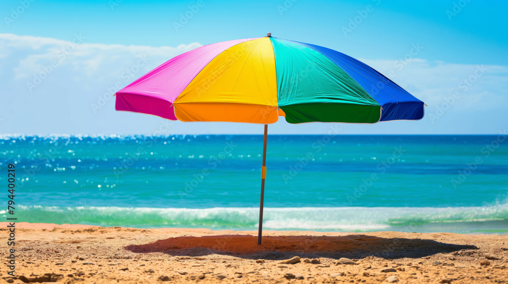Multicolored beach umbrella stands on sandy shores with the sparkling ocean in the background