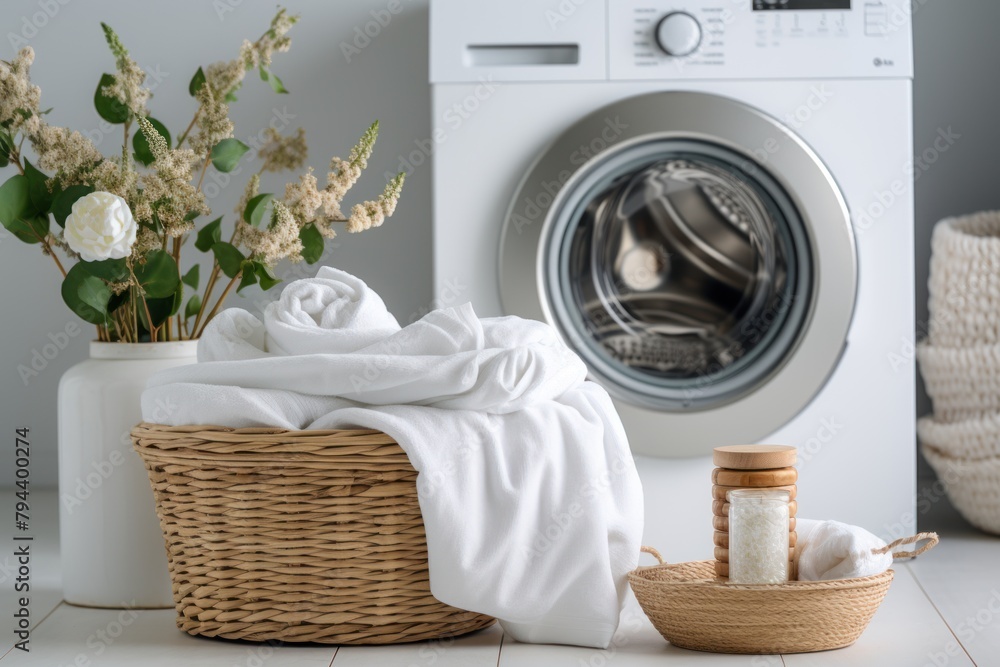 Basket full of white dirty towels for washing on blurred background of washing machine in bathroom. Concept allergy and chore. Close up. Basket full of white dirty towels for washing on blurred background of washing machine in bathroom. Concept allergy and chore. Close up.