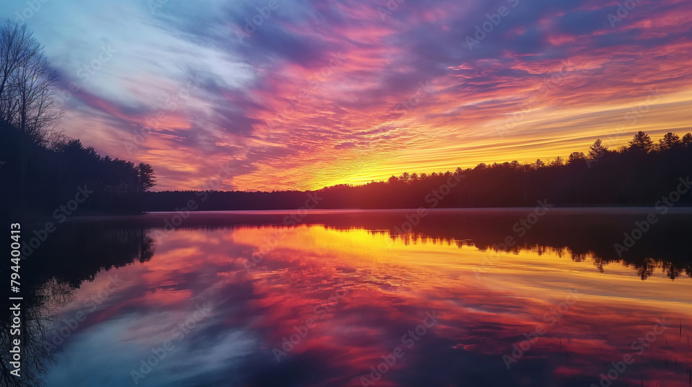 Breathtaking photo capturing a vibrant sunset with clouds reflected in the tranquil waters of a serene lake
