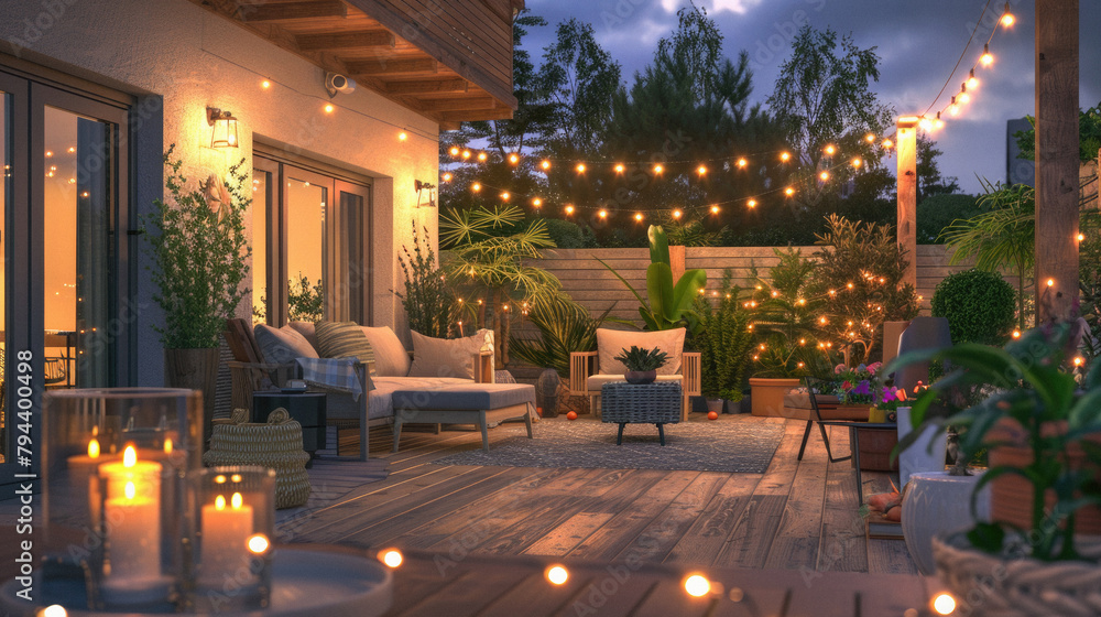 A patio with a wooden deck and a few potted plants
