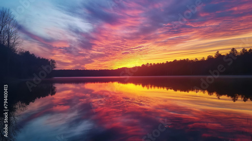 Breathtaking photo capturing a vibrant sunset with clouds reflected in the tranquil waters of a serene lake