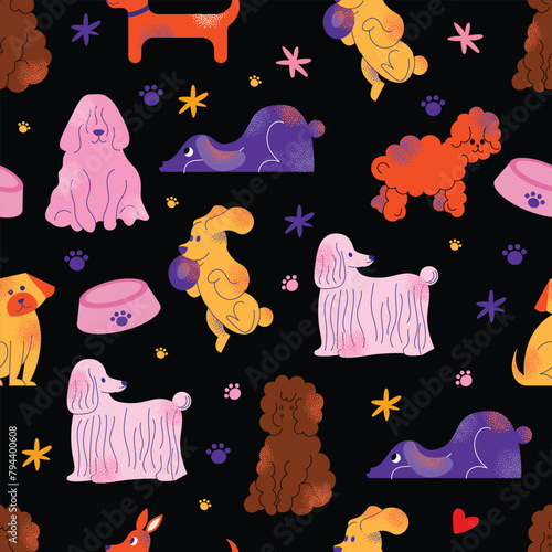 Cute dogs doodle vector seamless pattern. Cartoon dog or puppy characters design collection with flat color in different poses. Set of funny pet animals isolated on background © Александра Симкина