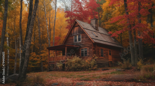 Serene log cabin surrounded by a vibrant fall forest creates the perfect secluded getaway scene photo
