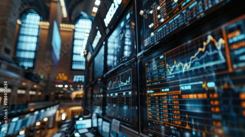 Stock Market Monitors Displaying Financial Data at Exchange photo