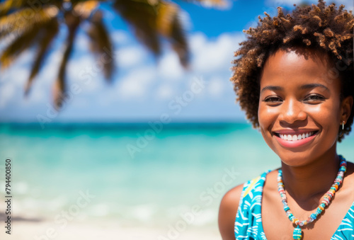African American tourist enjoying a beach backdrop, smile bright, tropical blur © Petr