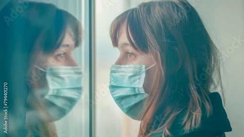 A young girl in a mask looks at her reflection in the mirror. Protection against viruses and pollution. Epidemic and coronavirus restrictions. Medical procedures. Banner. Copy space photo
