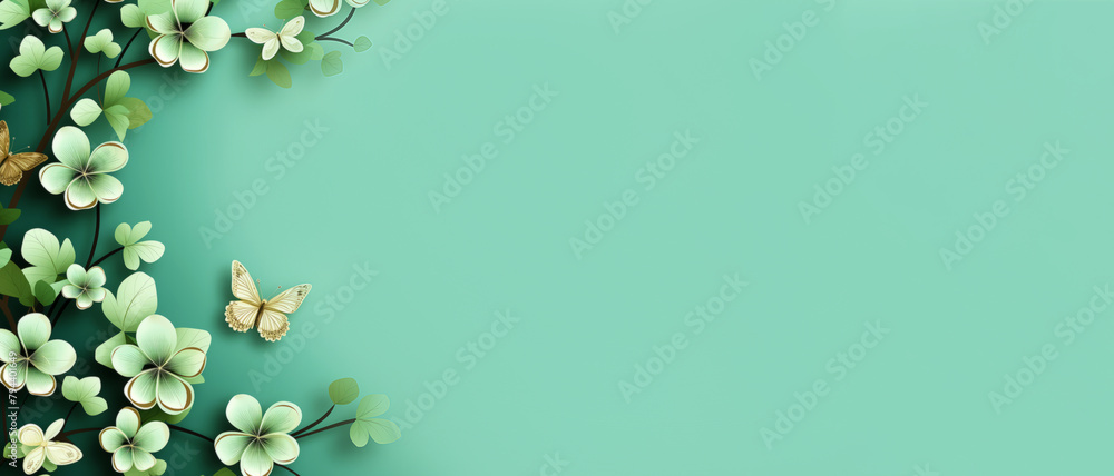 Elegant design of golden butterflies and clover flowers and leaves on soft teal background, banner with copy space on right side, perfect for backgrounds, invitations, or decorative purposes