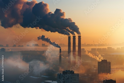 industrial landscape at sunrise with smokestacks emitting pollution, city silhouette in the background photo