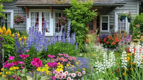 Quaint cottage adorned with a vibrant garden featuring an array of blooming flowers © Татьяна Евдокимова