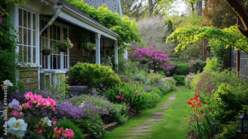 Serene cottage garden with lush flowers and a charming pathway leading to a cozy home