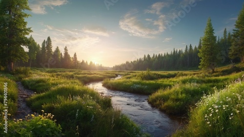 River between meadows and forests summer