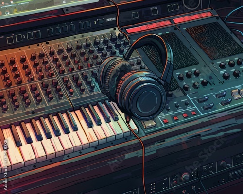 Digital illustration of a mixing console and studio headphones, the heart of audio production