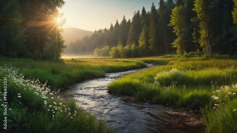 River between meadows and forests  summer