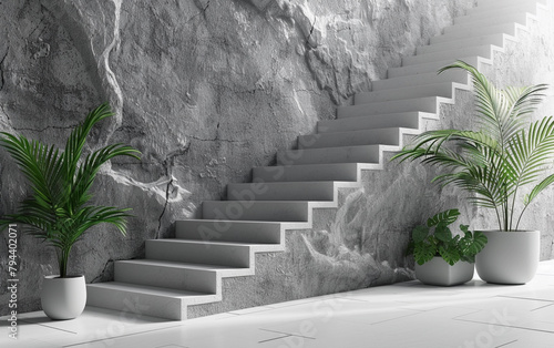 A white staircase is in front of a wall with a plant on it. The staircase is made of concrete and is white in color