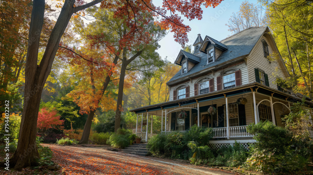 Large house with a porch and a blue roof Large house with a porch and a blue roof