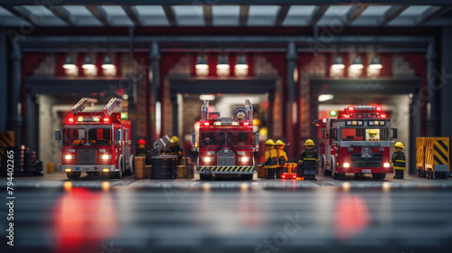 Three fire trucks are parked in a garage