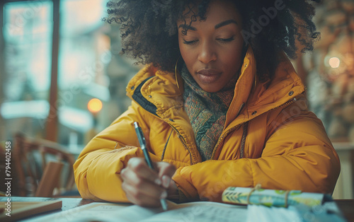 A woman in a yellow jacket is writing in a notebook. She is wearing a scarf and has a pen in her hand. The scene takes place in a cafe, with a chair and a dining table visible in the background photo