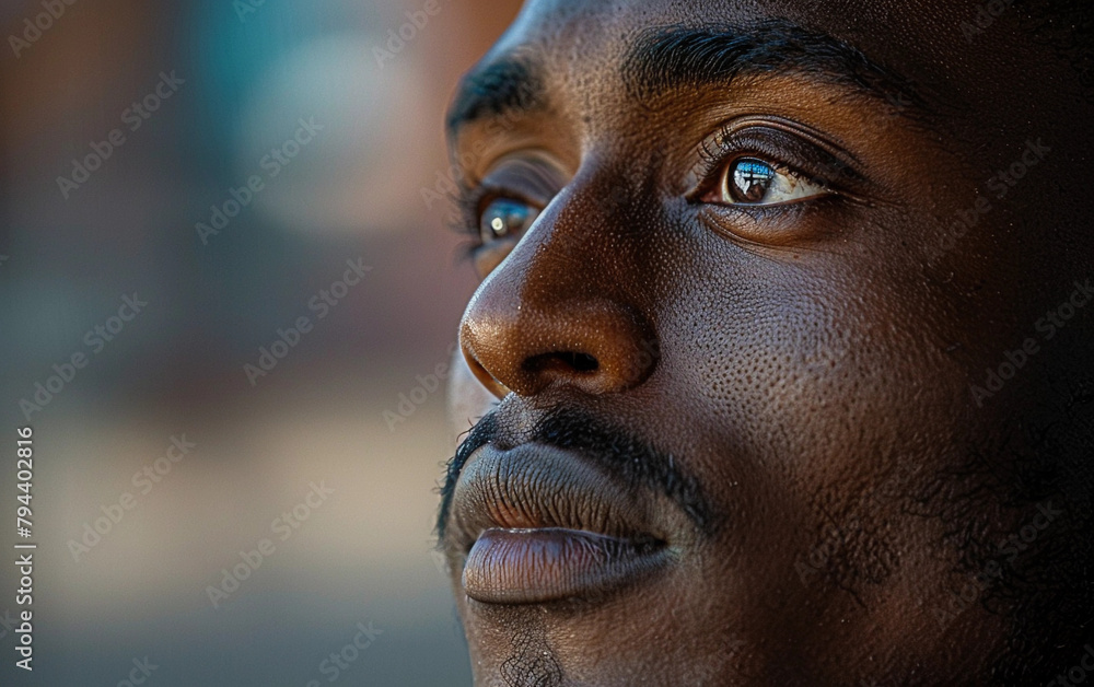 A man with a beard and a blue eye. He is looking at the camera. The man has a serious expression on his face A man with a beard and a blue eye. He is looking at the camera. The man has a serious expression on his face