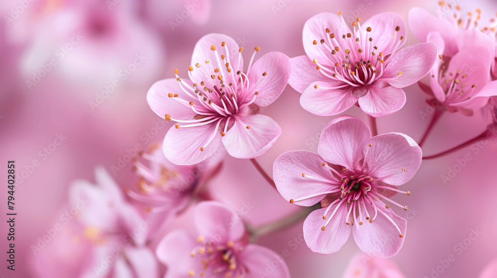 Close-up photo of delicate pink cherry blossoms against a soft focus background Close-up photo of delicate pink cherry blossoms against a soft focus background