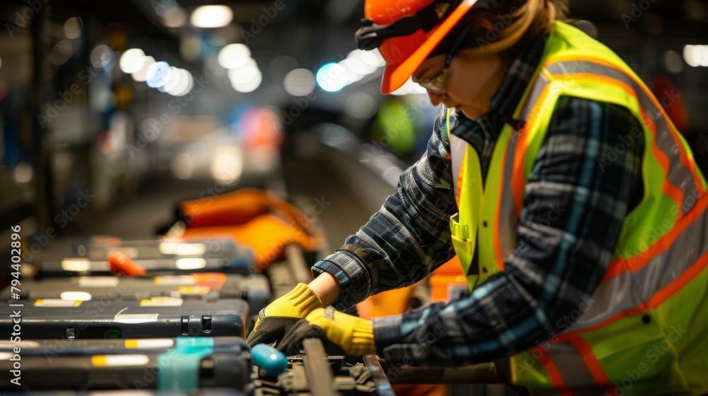 A worker in a hard hat and safety vest is focused on sorting items on a rail in a commercial setting