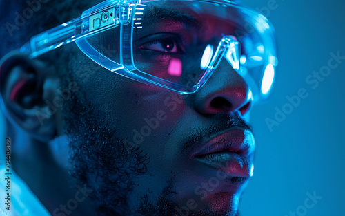 Wallpaper Mural A man wearing a pair of blue glasses is looking at the camera. The image has a moody and mysterious feel to it, as the man's gaze seems to be focused on something beyond the frame Torontodigital.ca