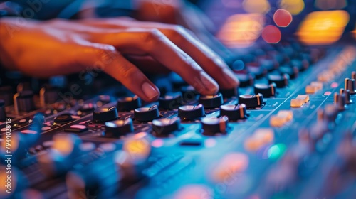 Close-up of a hand fine-tuning audio levels on a soundboard in a recording studio