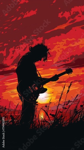 Vector art of a guitarist in silhouette against a fiery sunset, the soul of music captured visually