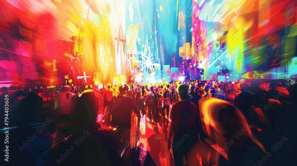 An abstract interpretation of a music festival scene with vibrant colors       AI generated illustration