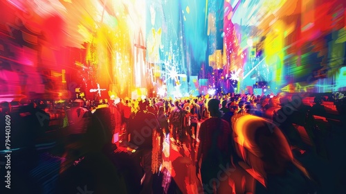An abstract interpretation of a music festival scene with vibrant colors AI generated illustration