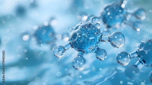 Blue hyaluronic acid molecule structure with water: Perfect for cosmetic marketing. Concept Cosmetic Chemistry, Hydration Science, Skincare Innovation, Beauty IndustryTrends photo